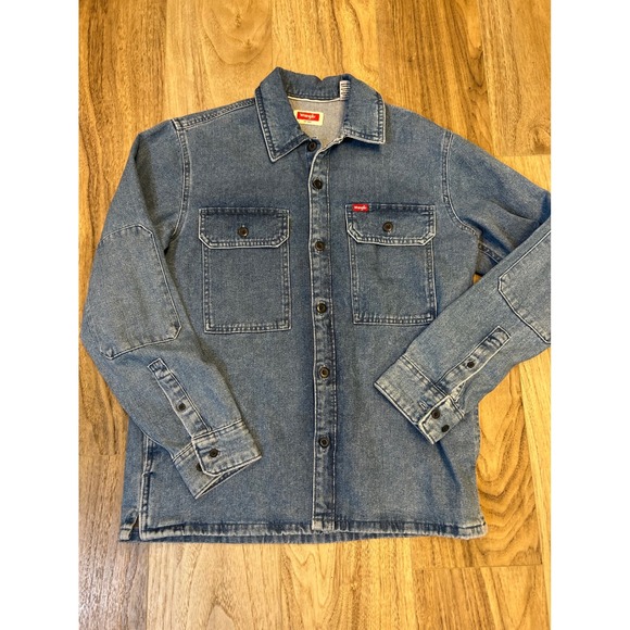 Wrangler Other - Wrangler Mens Denim Shirt Jacket Blue Cotton Button Up Elbow Patches Size Small